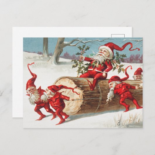 Gnomes dragging a cut tree trunk through the snow briefkaart (Voorkant / Achterkant)