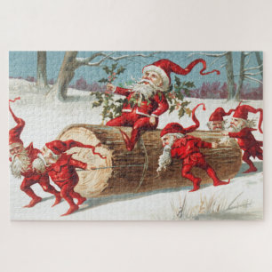 Gnomes dragging a cut tree trunk through the snow legpuzzel