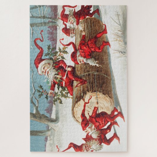 Gnomes dragging a cut tree trunk through the snow legpuzzel (Verticaal)