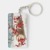 Gnomes dragging a cut tree trunk through the snow sleutelhanger (achterkant)