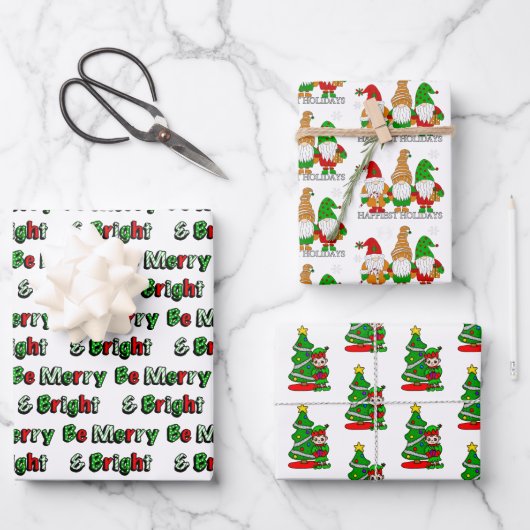 Gnomes, Merry en Bright en kerstkleppen Inpakpapier Vel (Voorkant)