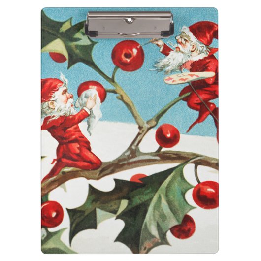 Gnomes painting holly berries in the snow klembord (Voorkant)