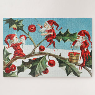 Gnomes painting holly berries in the snow legpuzzel