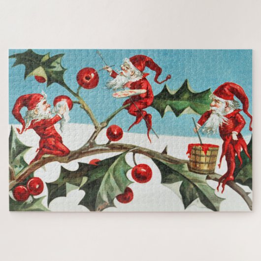 Gnomes painting holly berries in the snow legpuzzel (Horizontaal)