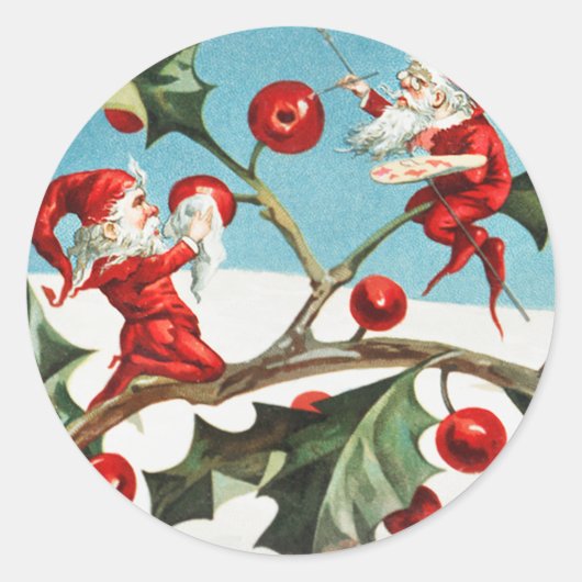 Gnomes painting holly berries in the snow ronde sticker (Voorkant)