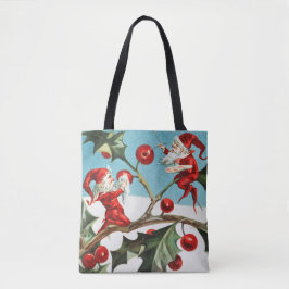 Gnomes painting holly berries in the snow tote bag