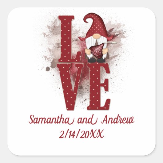 Gnomes Red Love Cute Wedding Jubileum Vierkante Sticker (Voorkant)