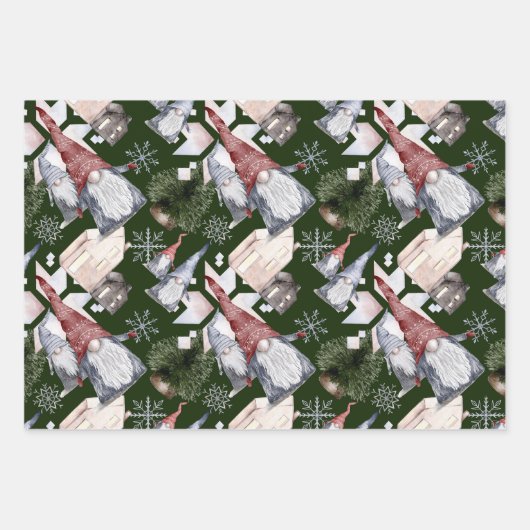 Gnomes Snowflakes Festive Nordic Kerstmis Pattern Inpakpapier Vel (Voorkant 2)
