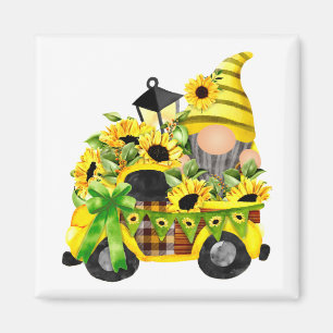 Gnomes Sunflower Truck Square Magneet