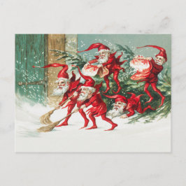 Gnomes sweeping snow with a broom briefkaart