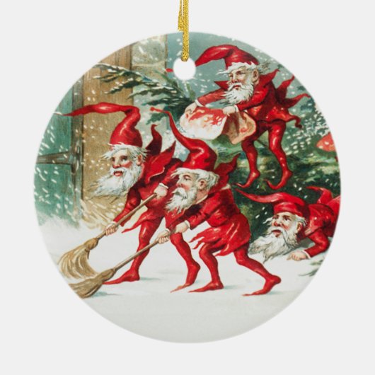 Gnomes sweeping snow with a broom keramisch ornament (Achterkant)