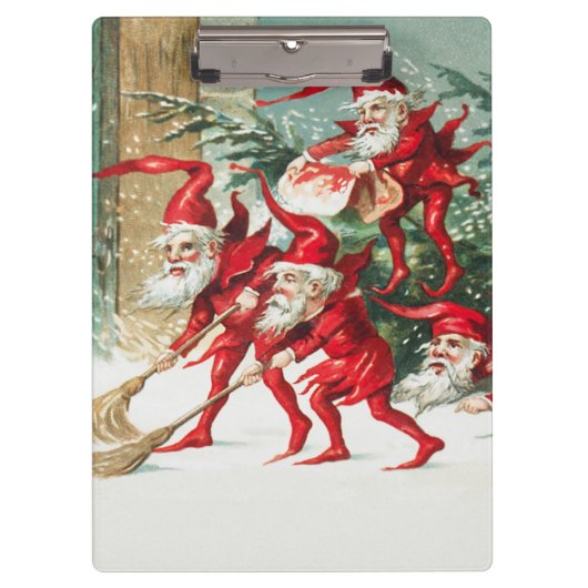 Gnomes sweeping snow with a broom klembord (Voorkant)