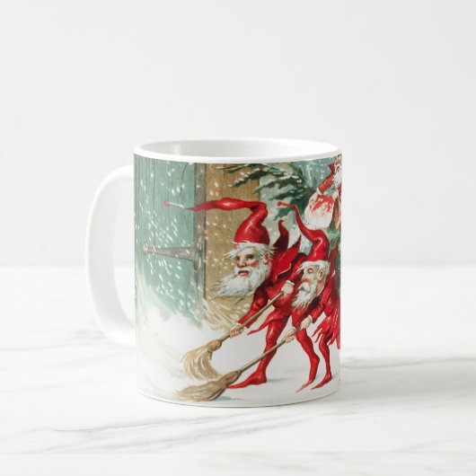 Gnomes sweeping snow with a broom koffiemok (Voorkant links)