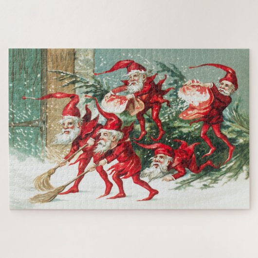 Gnomes sweeping snow with a broom legpuzzel (Horizontaal)