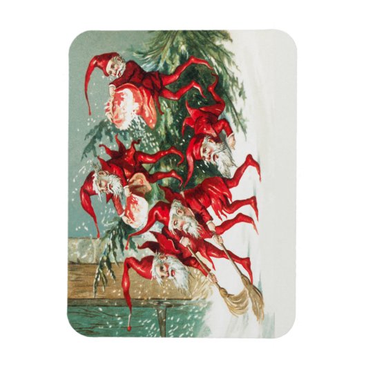 Gnomes sweeping snow with a broom magneet (Verticaal)