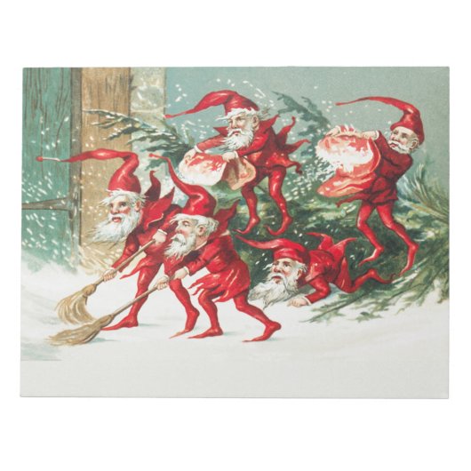 Gnomes sweeping snow with a broom notitieblok (Voorkant)