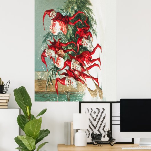 Gnomes sweeping snow with a broom poster (Thuiskantoor)