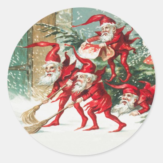 Gnomes sweeping snow with a broom ronde sticker (Voorkant)