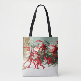 Gnomes sweeping snow with a broom tote bag