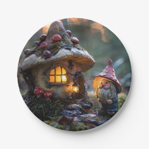 Gnoom en een paddenstoel huis, fantasie ontwerp papieren bordje