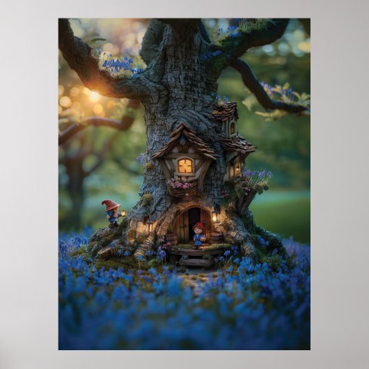 Gnoom huis in een boom omgeven door bluebells poster (Voorkant)