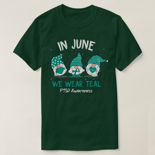 Gnoom in juni Draag we Blauwgroen lint PTSD bewust T-shirt (Design voorkant)