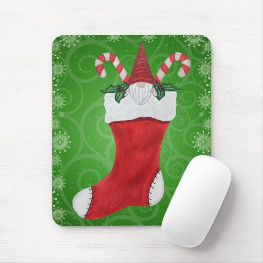 Gnoom in Stocking Green Swirls Snowflakes Muismat (Met muis)