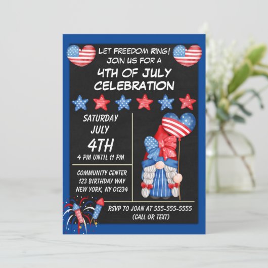 Gnoome 4th of Juli partijuitnodiging in Blauw Kaart (Staand voorkant)