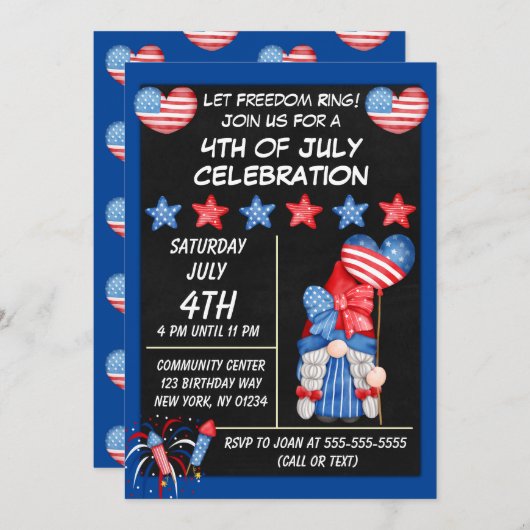 Gnoome 4th of Juli partijuitnodiging in Blauw Kaart (Voorkant / Achterkant)