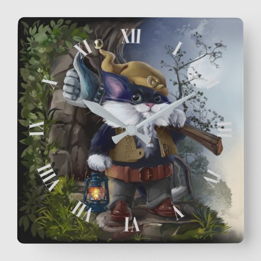 Gnoome kat met mouwhamer en lamp werkt vierkante klok (Voorkant)
