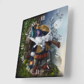 Gnoome kat met mouwhamer en lamp werkt vierkante klok (Hoek)