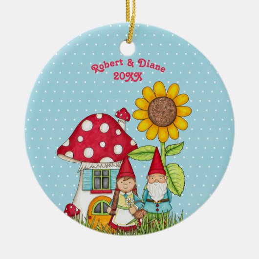 Gnoompaar in tuin op blauwe achtergrond keramisch ornament (Voorkant)