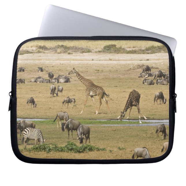 Gnu's, zebra's en giraffen laptop sleeve (Voorkant)