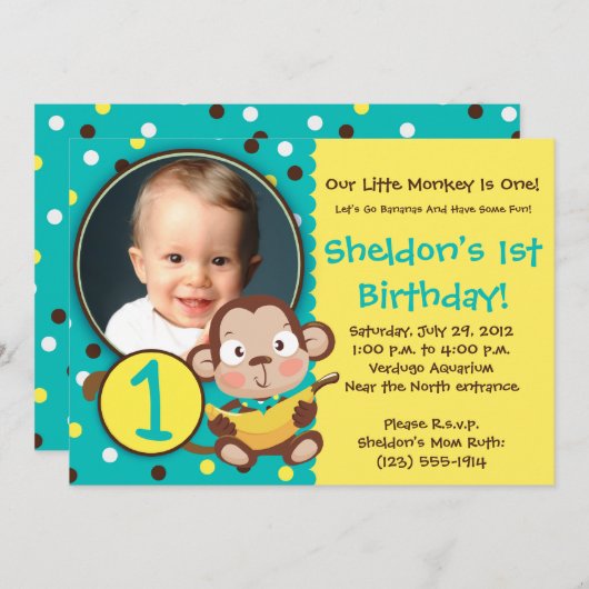 GO BANANAS - Little Monkey Party Invitations - BOY Kaart (Voorkant / Achterkant)