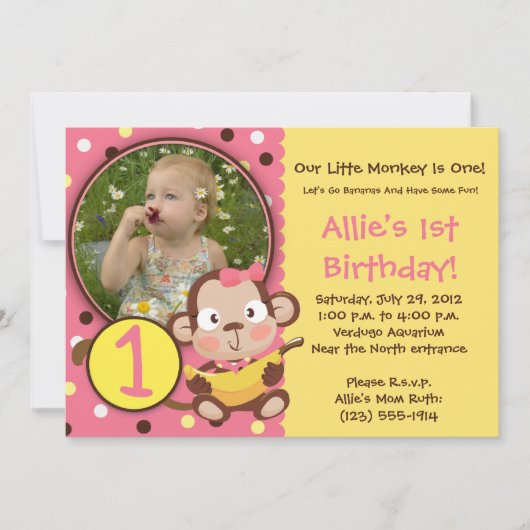 GO BANANAS - Little Monkey Party Invitations GIRL Kaart (Voorkant)