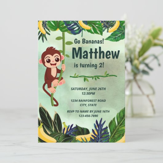 Go Bananas Monkey Verjaardag Uitnodiging (Staand voorkant)