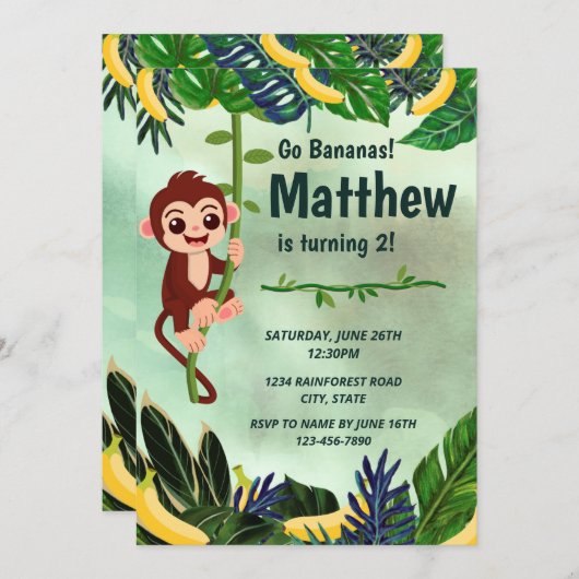Go Bananas Monkey Verjaardag Uitnodiging (Voorkant / Achterkant)