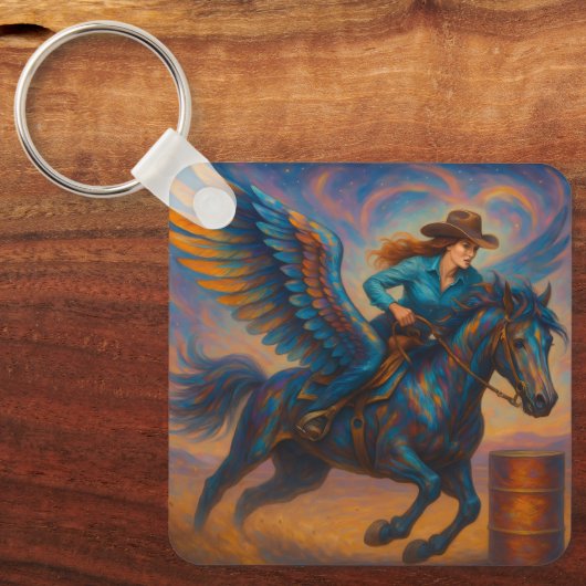 Go Fast! Barrel Racer With Winged Horse Sleutelhanger (Voorkant)