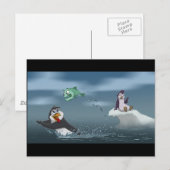 "Go Fish"-pinguïn met achtergrond Briefkaart (Voorkant / Achterkant)