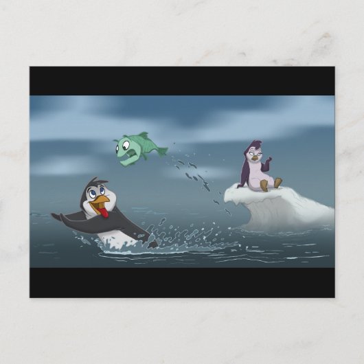 "Go Fish"-pinguïn met achtergrond Briefkaart (Voorkant)