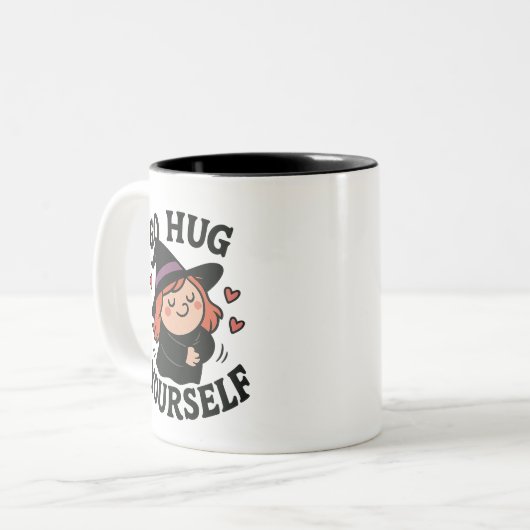 Go Hug Yourself Witch – Cute Self-Love Halloween Tweekleurige Koffiemok (Voorkant links)