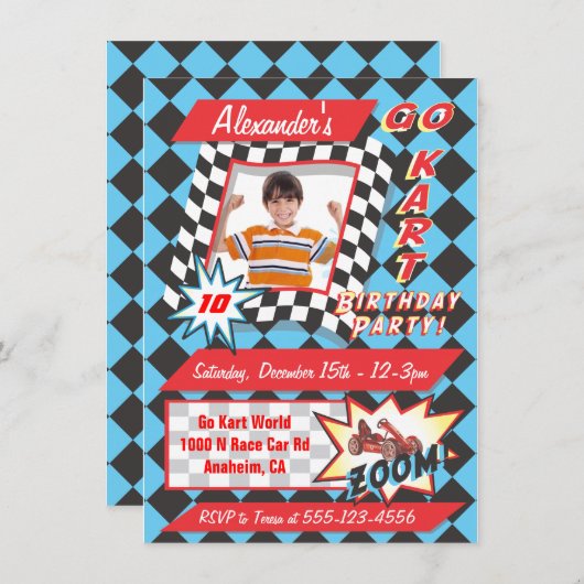 Go Kart Birthday Party Photo Insert Invitations Kaart (Voorkant / Achterkant)