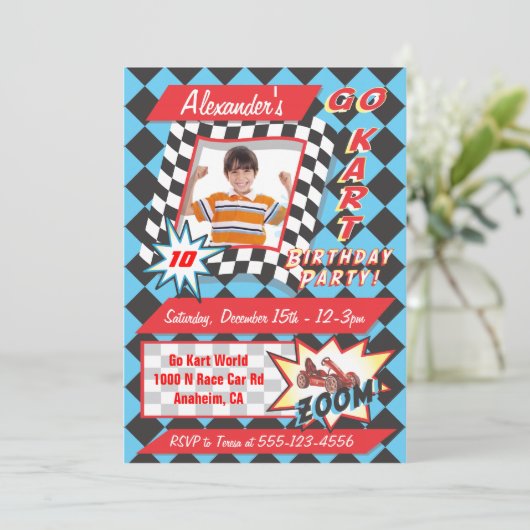 Go Kart Birthday Party Photo Insert Invitations Kaart (Staand voorkant)