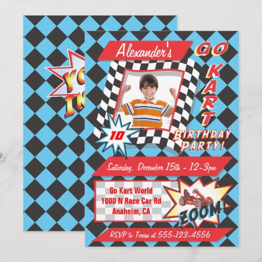 Go Kart Birthday Party Photo Insert Invitations Kaart (Voorkant / Achterkant)