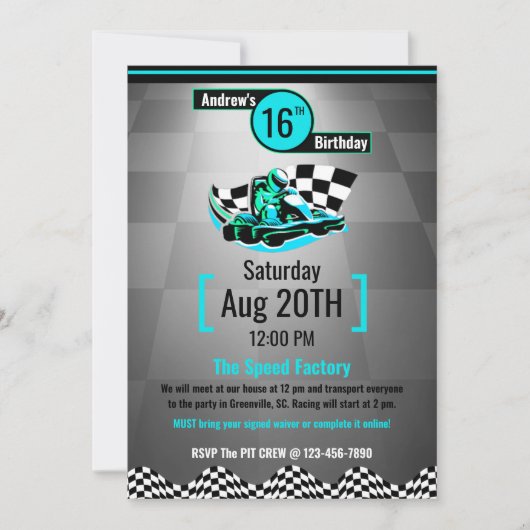 Go-Kart Feest Uitnodiging - Blauwe Snelheidsracer (Voorkant)