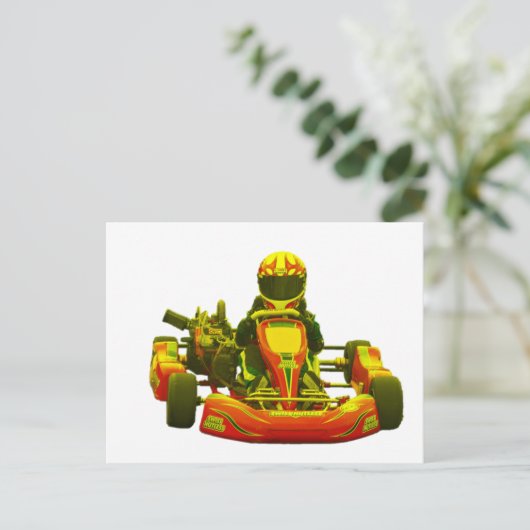 Go Kart Racer in Geel Briefkaart (Staand voorkant)