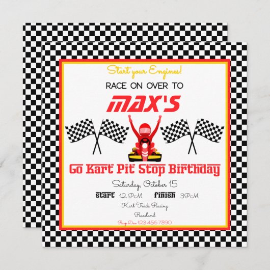 Go Kart Racers in Rood, Zwart en Geel met Vlaggen Kaart (Voorkant / Achterkant)