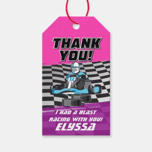 Go Kart Racing Auto Meisjes Verjaardagsfeest Cadeaulabel (Voorkant)
