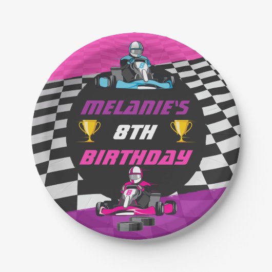 Go Kart Racing Auto Meisjes Verjaardagsfeest Papieren Bordje (Voorkant)