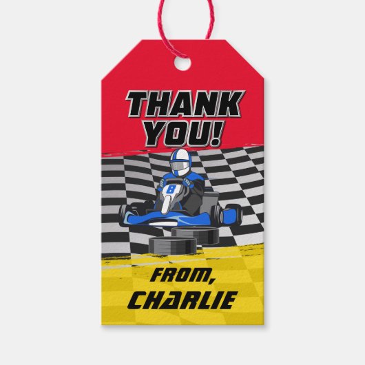 Go Kart Racing Auto Verjaardagsfeest Cadeaulabel (Voorkant)